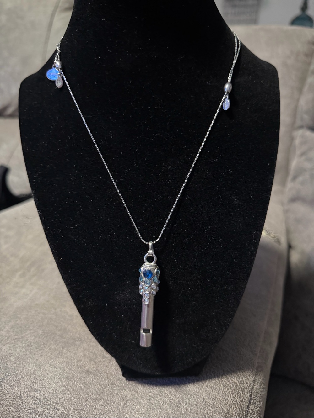 Alex and Ani Silver Whistle Pendant Necklace with Blue Crystal Accents